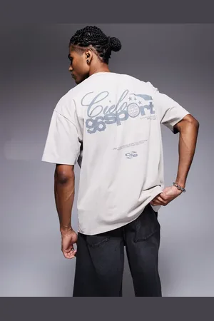 ASOS Camiseta beis lavado de corte cuadrado extragrande con estampado gráfico deportivo de texto de tejido grueso de 220 g/m² de -Neutro