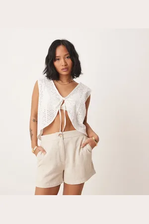 ASOS Pantalones cortos dad color holgados de mezcla de lino de Petite-Neutro