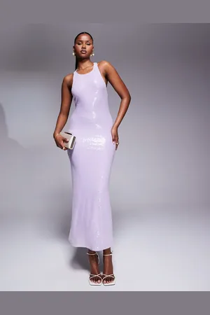 Rare Fashion Vestido largo con espalda de nadadora cruzada de lentejuelas de London-Morado