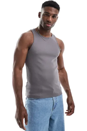 ASOS Camiseta gris carbón ajustada sin mangas de canalé de