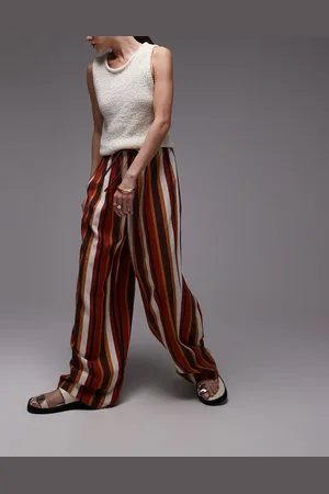 Topshop Pantalones marrón a rayas de corte globo de mezcla de lino de -Multicolor