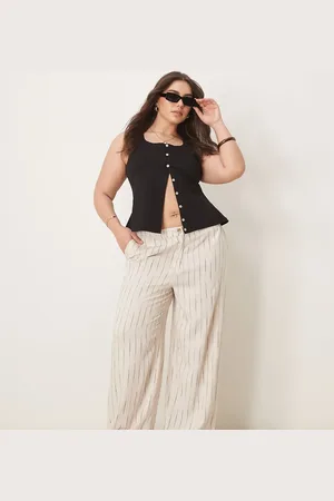ASOS Pantalones beis a rayas ondulantes de pernera recta holgada de mezcla de lino de Curve-Multicolor