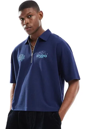 ASOS Polo azul marino de corte cuadrado extragrande con hombros caídos y bordado de tejido grueso gofrado de 230 g/m² con textura de