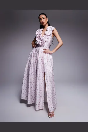 ASOS Vestido largo escotado con cintura baja, estampado de florecitas y detalle de flores de satén de algodón de