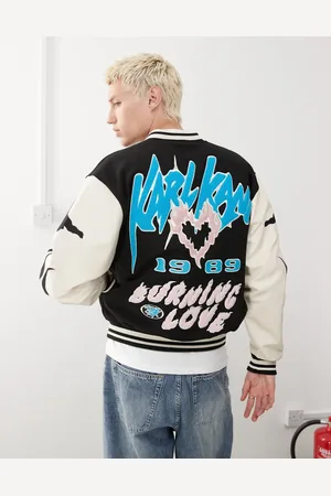 Karl Kani Chaqueta multicolor con diseño universitario y estampado trasero gráfico del logo de llamas Amor de