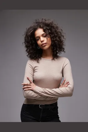 Topshop Top color jaspeado de manga larga de canalé premium de -Neutro