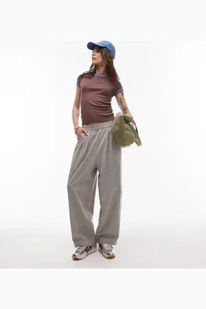 Topshop Pantalones marrones de talle alto y corte tapered a cuadros pequeños sin cierres de