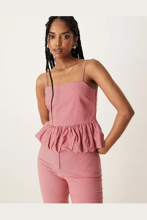 MANGO Top a cuadros vichy rojos de tirantes con bajo fruncido de (parte de un conjunto)