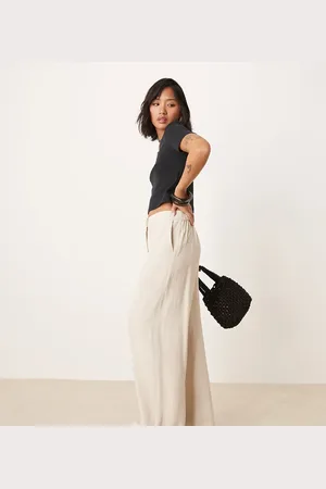 ASOS Pantalones beis de pernera recta holgada de mezcla de lino de Petite-Neutro