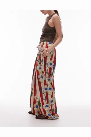 Topshop Pantalones a rayas rojas de corte globo con estampado floral de mezcla de lino de -Multicolor