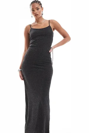 VERO MODA Vestido largo negro de tirantes con acabado de purpurina de