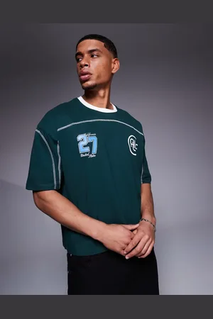 ASOS Camiseta verde oscuro de corte cuadrado extragrande con estampado gráfico deportivo y detalle de ribetes de