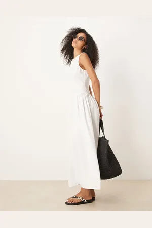 ASOS Vestido midi con cuello barco y cintura ceñida de