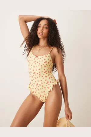 ASOS Bañador amarillo pastel con volante en la pierna y relleno extraíble Cherry Rose de