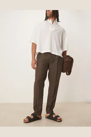 MANGO Pantalones marrón de corte slim de lino de