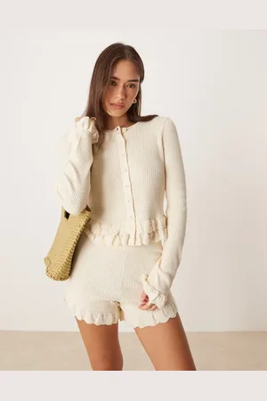 ASOS Cárdigan amarillo crema con cuello redondo y detalle de volantes de punto de (parte de un conjunto)