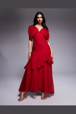 ASOS Vestido largo de corte al bies con mangas blusón y bajo de volantes de