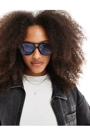 JJXX Gafas de sol negras de estilo aviador con lentes azules de