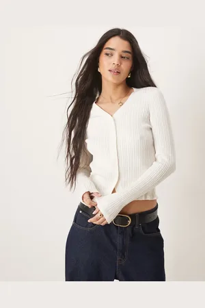 ASOS Cárdigan color con cuello de pico, botones delanteros y volantes de canalé de -Blanco