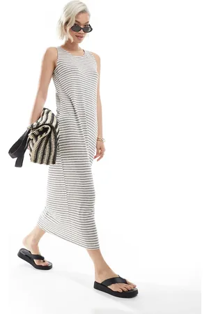 VERO MODA Vestido largo a rayas monocromáticas sin mangas de punto flameado de -Neutro