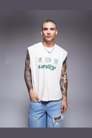 ASOS Camiseta color crema sin mangas de corte cuadrado extragrande con estampado gráfico deportivo de texto de -Blanco