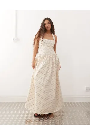 Amy Lynn Vestido largo color crema con estampado de lunares, escote cuadrado y tiras halter de -Blanco