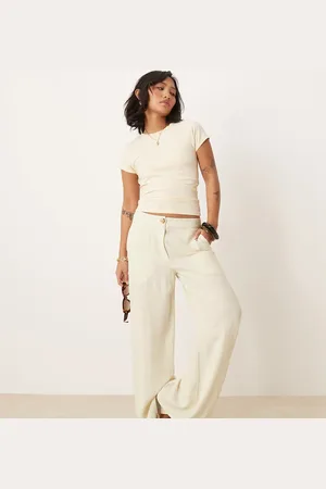 ASOS Pantalones blanco de pernera recta holgada de mezcla de lino de Petite