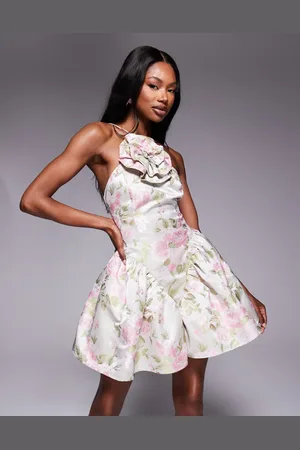 ASOS Vestido corto de corte skater con patrón de tulipanes, cuello halter y detalle de flor de jacquard de -Multicolor