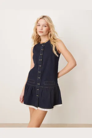 Neon Rose Vestido vaquero de corte recto y estilo pichi con botones delanteros de -Azul marino