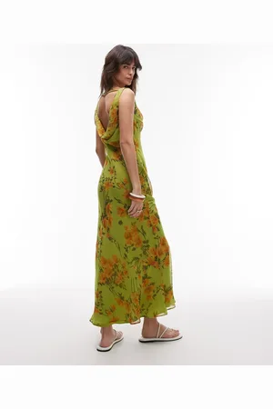 Topshop Vestido largo con diseño de dos capas reforzado, estampado floral y cuello desbocado de