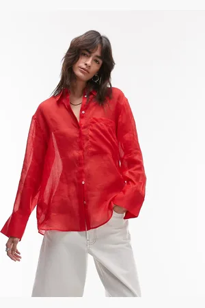 MANGO Camisa roja de manga larga de ramio semitransparente de