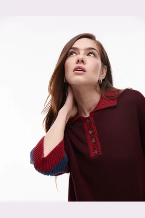 Topshop Top con tapeta de botones y cuello estilo polo de punto de -Azul