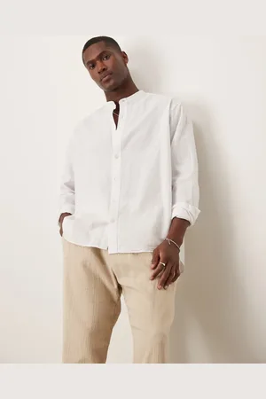 SELECTED Camisa blanca de manga larga con cuello mao de mezcla de lino de