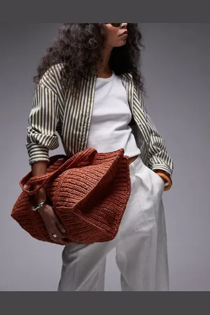 MANGO Bolso muy grande naranja tostado de rafia con forro con cremallera de