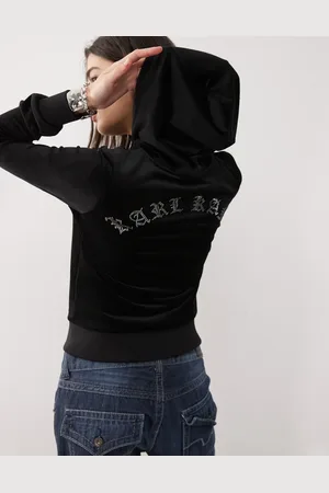 Karl Kani Sudadera negra con capucha, estampado en la espalda y logo de pedrería Signature de