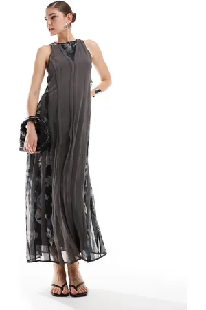 ASOS Vestido midi gris con lateral estampado y detalle de volantes de -Multicolor