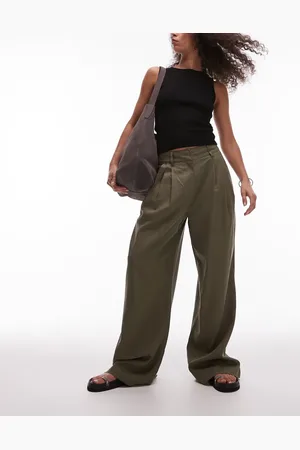Topshop Pantalones caquis de talle alto con pinzas dobles de mezcla de lino de -Negro