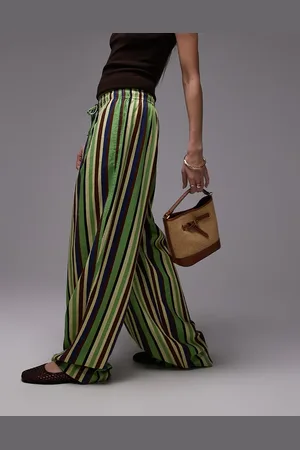 Topshop Pantalones verdes a rayas variadas de corte globo de mezcla de lino de