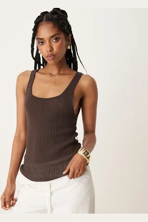 MANGO Camiseta marrón de tirantes con cuello redondo de punto de