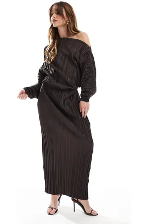 ASOS Vestido midi marrón plisado de manga larga con hombros caídos de