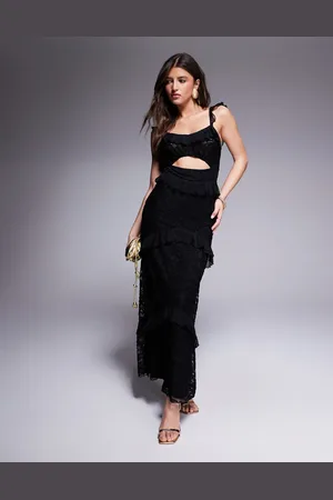 ASOS Vestido largo escalonado con volantes de mezcla de malla y encaje de -Blanco