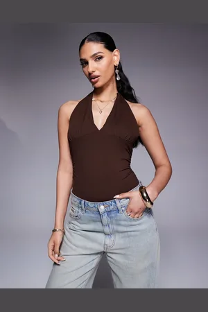 ASOS Body marrón con cuello halter escotado de poliamida de