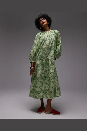 ARKET Vestido semilargo verde amplio con estampado de hojas y cintura baja de algodón puro de -Multicolor