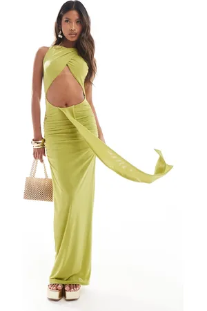 Murci Vestido largo verde con cuello alto, abertura y diseño drapeado de
