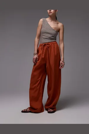 Topshop Pantalones naranja tostado de corte globo de mezcla de lino de
