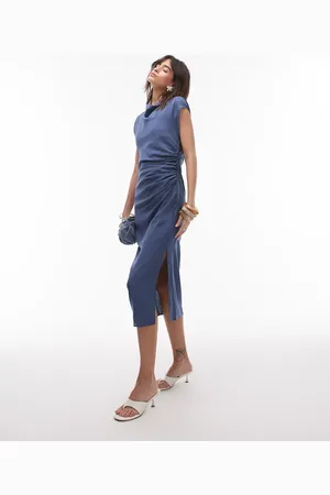 MANGO Vestido midi petróleo con mangas de casquillo y lateral fruncido de