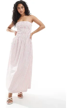 JJXX Vestido a rayas rosas fruncido con escote palabra de honor de