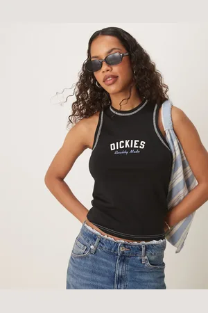 Dickies Camiseta negra sin mangas de corte alargado con espalda de nadadora y logo en el centro de