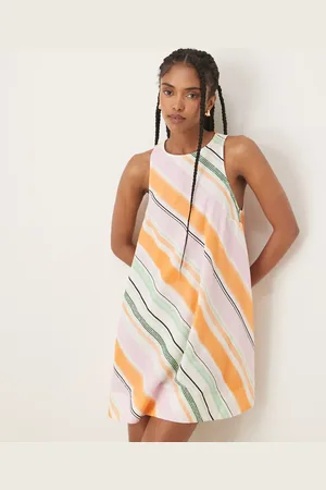 ASOS Vestido corto a rayas naranjas y rosas de corte acampanado con cuello de nadadora de -Multicolor