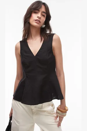 MANGO Top con cuello de pico y sobrefalda de mezcla de lino de